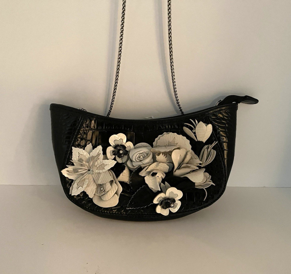 BRIGHTON CALISTA BLACK CROC EMBOSSED PATENT LEATHER FLORAL 3D EVENING BAG, NWOT